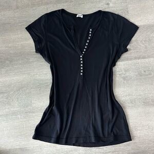 Splendid Black Henley neck half button up black short sleeve top